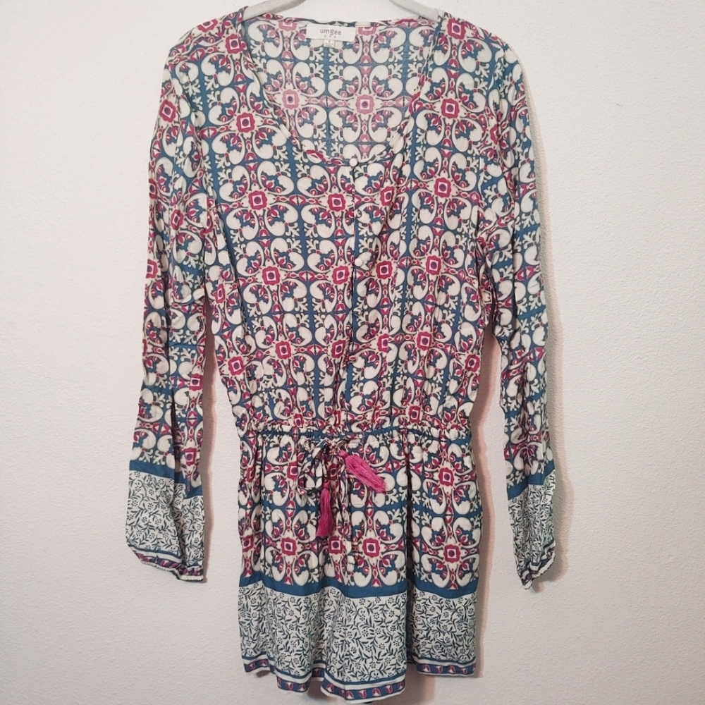 Umgee Patterned Button Down Long Sleeve Romper S